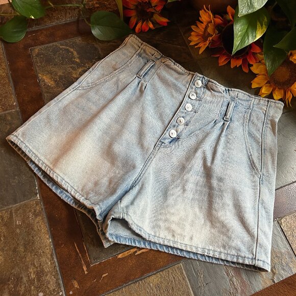AEO Button-Front High Rise Paper Bag Waist Denim Shorts w/Self Tie Belt - Picture 10 of 15
